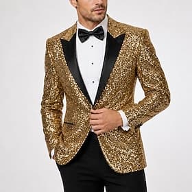 Herren Party Pailletten Blazer 70er Jahre Disco Retro Freizeitjacke regulär einfarbig einreihig Einknopf schwarz gold silber rot blau