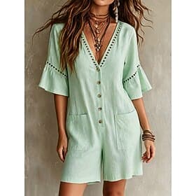Women's Normal Jumpsuit Vacation Solid Color Half Sleeve V Neck Pocket Daily Beach Regular Fit Blue White Light Green Summer