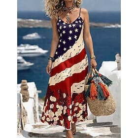 Jour de l'Indépendance Américaine Femmes Robe Midi Robe trapèze Robe Nuisette Vacances Occasionnel Coupe régulière Graphique Drapeau Sans manches Col en V Bleu