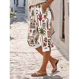 Women's Cotton Linen Shorts Capri Pants Leggings Cropped Pants Vacation Vintage coastalgrandmastyle Knee Length Mid Waist Floral Graphic Geometric Print Comf