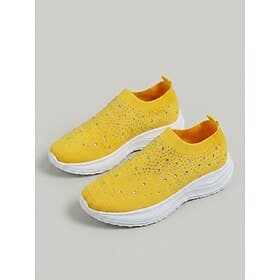 Women's Yellow Rhinestone Slip-On Sneakers - Breathable Knit Sparkle Shoes with Shock Absorption EVA Sole for Everyday Wear, Walking Travel