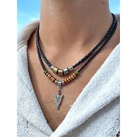 Men's Alloy Arrow Pendant Necklace with Beads and Braided Cord – Black and Brown Options, Durable Casual Jewelry for Beach Vacation, Daily Wear and Travel