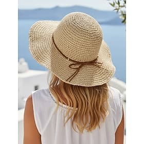 Women's Wide Brim Straw Sun Hat with Bowknot, Foldable Beach Hat for Summer Travel and Outdoor Vacation