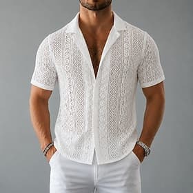 Men Shirt Casual Shirt Button Up Shirt Jacquard Shirt White Short Sleeve Geometric Plain Cuban Collar Casual Daily Hollow Out Clothing Apparel Elegant Fashion