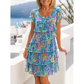 Femmes Robe Longueur Genou Robe en Chiffon Robe Fleurie Élégant Mode Moderne Vacances Soirée Week-end Coupe régulière Fleuri Manche Courte Col ras du cou Bleu