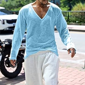 Homme T-shirt Chemise à Manches Longues manche longue Col ras du cou Printemps Automne Uni Mode Designer Basique Classique Vacances Rue Sortir Bleu Bleu Clair