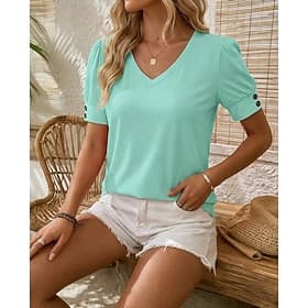 Women's Summer Tops Plain Vintage Classic Casual Short Sleeve V Neck Regular Tops Casual Daily Blue Coral Black White Red Summer Spring