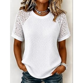 Women's Eyelet Top Lace Splicing Top Contrast Lace Lace Elegant Bohemia Stylish Short Sleeve Crew Neck Long Tops Casual Daily Going out Black White Gray Summer