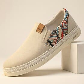 Men's Beige Slip-On Espadrilles – Breathable Casual Loafers, Ethnic Pattern Lightweight Summer Shoes for Vacation, Beach, Resort and Leisure Wear