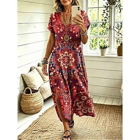 Damen Midikleid A Linie Kleid Lässig Lässiger Schnitt Grafik Geometrisch Abstrakt Kurzarm V Ausschnitt Wein Rote Sommer Frühling