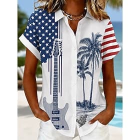 American Independence Day Women's Shirt Buttons Print Graphic Striped American Flag Vintage Daily Stylish Short Sleeve Shirt Collar Regular Tops Casual Daily W