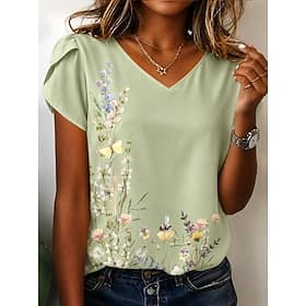 Women's Shirt Print Floral Graphic Vintage Daily Stylish Short Sleeve V Neck Regular Tops Casual Daily Green Summer Spring