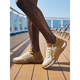 Men's Beige Woven Sneakers for Island Cruise - Breathable Lightweight Casual Shoes - Resort Inspired Lace Up Footwear for Vacation Travel, Cruise Deck Wear an