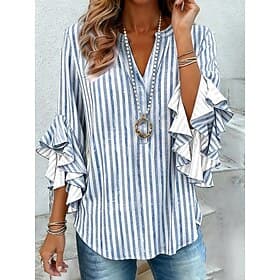 Women's Shirt Blouse Ruffle Print Graphic Geometric Striped Vacation Daily Retro Vintage Half Sleeve V Neck Regular Tops Daily Holiday Going out Blue Pink Gree