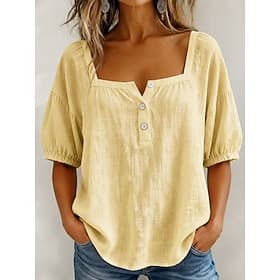 Women's Blouse Solid Color Daily Stylish Basic 3/4 Length Sleeve Square Neck Regular Tops Daily Blue Yellow Pink Summer Spring