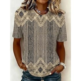 Dames T-shirt Afdrukken Gestreept Grafisch Gestreept Vintage Stijlvol Klassiek Korte mouw Strakke ronde hals Normale tops Casual Dagelijks Khaki Rood Licht Br