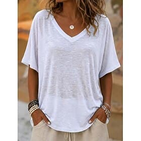 Women's T Shirt Tee Top Solid Color Stylish Casual Short Sleeve V Neck Regular Tops Daily Summer Vacation Wear Blue Khaki White Orange Coffee Summer Spring