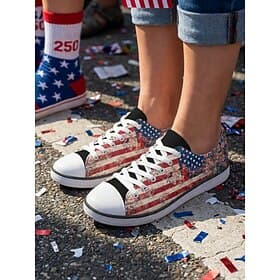 Women's Vintage American Flag Canvas Sneakers – Casual Lace-Up Floral Printed Patriotic Walking Shoes for Independence Day, Parade USA Celebration
