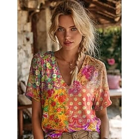 Women's T Shirt Print Floral Graphic Tribal Stylish Classic Casual Short Sleeve V Neck Regular Tops Casual Daily White Orange Summer Spring