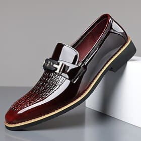 Men's Burgundy Croc-Embossed Bit Loafers Slip-On Glossy Statement Dress Shoes Elegant Gentleman Footwear for Weddings, Parties, Banquets and Evening Occasion W