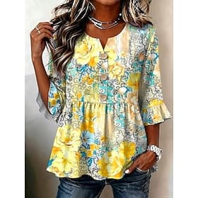 Femmes Chemise Fleuri Graphique ancien Élégant Demi Manches Col en V Hauts Réguliers Occasionnel Quotidien Fête Bleu Jaune Vert Été Printemps