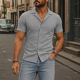 Men Shirt Casual Shirt Button Up Shirt Jacquard Shirt Black White Burgundy Navy Blue Apricot Short Sleeve Plain Cuban Collar Casual Daily Front Pocket Clothing