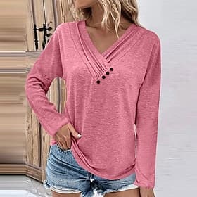 Women's T Shirt Blouse Tee Top Solid Color Plain Elegant Vacation Daily Long Sleeve V Neck Regular Tops Casual Blue Black Pink Apricot Gray Summer Spring