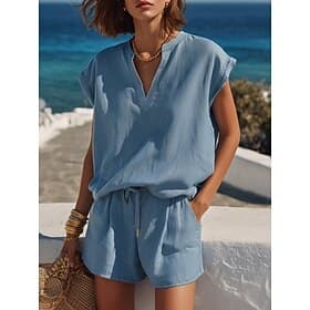 Mulheres Conjuntos de shorts Manga Curta Decote V Tecido Moda Roupa de rua Casual Diário Ao ar livre Azul Verde Claro Rosa Verão Normal