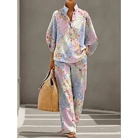 Women's Pants Sets Long Sleeve 3/4 Length Sleeve Stand Collar Floral Graphic Fashion Streetwear Casual Daily Outdoor White Purple Green Spring Summer Loose Fi