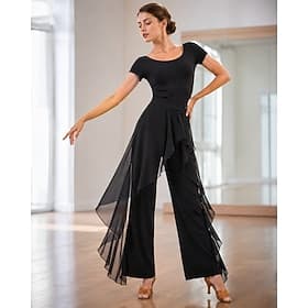Latin Dance Pants Ballroom Dance Ruffles Pure Color Waisted Splicing Women's Performance Training PantsHigh Spandex