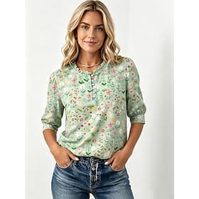 Women's Shirt Buttons Elegant Vacation Daily 3/4 Length Sleeve Crew Neck Regular Tops Casual Daily Holiday Pink Green Beige Summer Spring