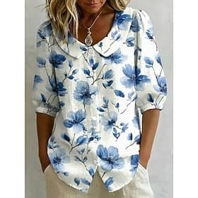 Women's Shirt Floral Graphic Elegant Bohemia Vacation Peter Pan Collar Long Tops Casual Daily Streetwear White Summer Spring