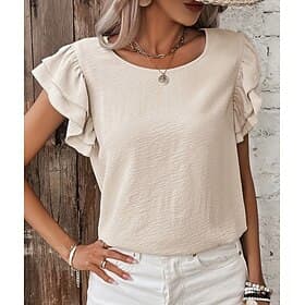 Damen T Shirt T-Shirt Strukturiert Bohemien Kurzarm Rüschenärmel Rundhalsausschnitt Normale Oberteile Lässig Aprikose Sommer Frühling