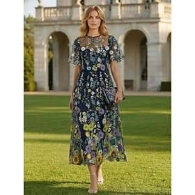 A-Line Ankle Length Cocktail Dresses Elegant Floral Short Sleeve Crew Neck Wedding Semi Formal Lace with Ruffles Embroidery Appliques