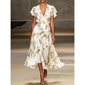 Femmes Robe Midi Robe trapèze Occasionnel Extérieur Sortir Coupe régulière Fleuri Graphique Manche Courte Col en V Blanche Été Printemps