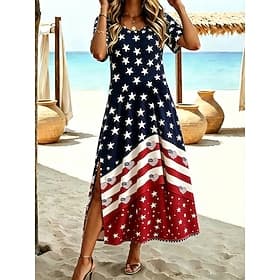 American Independence Day Women's Midi Dress A Line Dress Casual Beach Regular Fit Graphic Flag Short Sleeve Crew Neck Blue Red Summer Spring