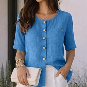 Women's Shirt Casual Shirt Button Up Shirt Faux Cotton Linen Solid Color Plain Vacation Fashion Casual Half Sleeve Crew Neck Regular Tops Streetwear Beach Holi