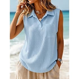 Damen Waffel-Tanktop Poloshirts T-Shirt Tasche Stilvoll Klassisch Ärmellos Hemdkragen Normale Oberteile Lässig Strand Wochenende Blau Schwarz Rosa Rote Sommer