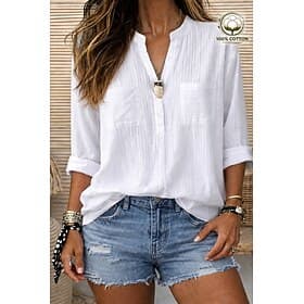 Damen 100% Baumwolle Hemd Popover Hemd Sommerhemd Shirt Einfarbig Schlicht Urlaub Mode Lässig Langarm Rundhals Lange Tops Streetwear Strand Feiertag Weiß Somme