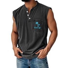 Per uomo Camicia 100% cotone lavaggio acido Maglietta senza maniche Senza Maniche Henley Estate Noce di cocco Casual Tinto in capo Sbiadito Lavaggio vintage Ca