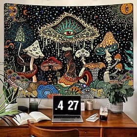 Tapisserie murale psychédélique à motif de champignons, tenture murale trippante avec troisième œil et ciel étoilé pour chambre, dortoir, décoration hippie