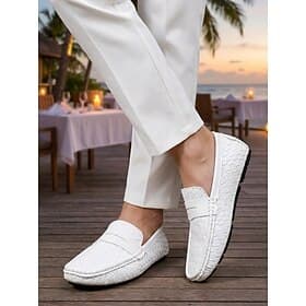 Men's White Penny Loafers - Soft Lightweight Comfort Slip-On Shoes - Refined Resort Evenings Footwear for Vacation Dinners, Coastal Gatherings and Relaxed Eleg