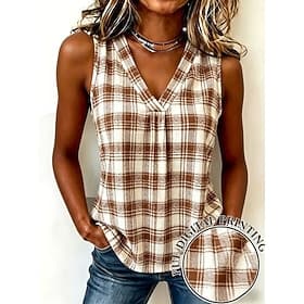 Damen Tank Top Grafik Geometrisch Karomuster Elegant Vintage Stilvoll Ärmellos V Ausschnitt Normale Oberteile Strandhochzeit Lässig Täglich Blau Gelb Rosa Leic