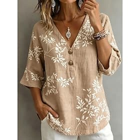 Women's Shirt Ruched Buttons Floral Graphic Elegant Vacation Daily V Neck Regular Tops Casual Daily Holiday Khaki Summer Spring