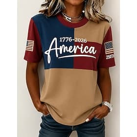 American Independence Day Women's T Shirt Print Graphic Letter American Flag Vintage Fashion Casual Short Sleeve Crew Neck Regular Tops Casual Daily Weekend Bl