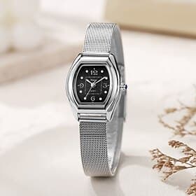 Women's Silver Mesh Band Watch, Vintage Tonneau Black Dial with Crystal Markers, Elegant Ladies Stainless Steel Mesh Strap Analog Quartz Wristwatch, Fashion Je