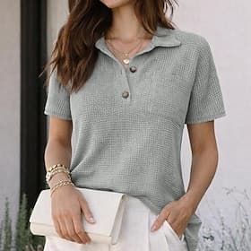 Women's Shirt Waffle Shirt Casual Shirt Button Up Shirt Pocket Solid Color Plain Elegant Vacation Fashion Short Sleeve Turndown Long Tops Streetwear Beach Holi