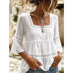 Music Festival Women's Blouse Lace Patchwork Lace Trim Solid Color Daily Stylish Basic 3/4 Length Sleeve Square Neck Long Tops Casual Daily Black White Sky Blu