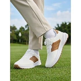Men's White Brown Golf Sneakers, Lace-Up Casual Sport Shoes, Comfortable Non-Slip Walking Shoes for Golf, Travel, Daily Wear