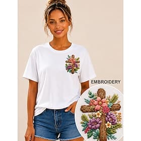 Women's 100% Cotton Embroidered T-shirt Floral Graphic Classic Casual Short Sleeve Crew Neck Regular Tops Casual Daily Weekend Black White Pink Summer Spring